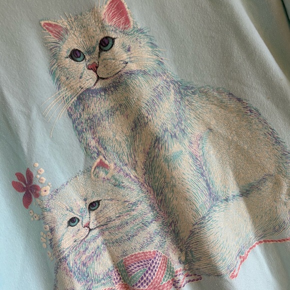 Vintage Oversized 90s Kitten Print Coquette Cottagecore Baby Blue Short Sleeve T - Picture 3 of 5